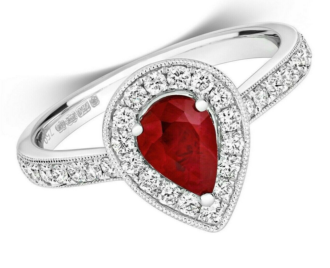 Real Ruby and Diamond Ring 18ct White Gold Pear Cluster Teardrop