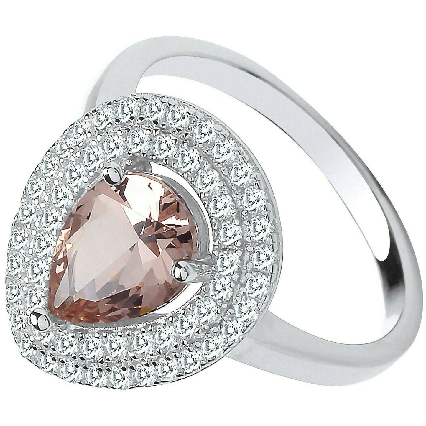 Morganite Pear Halo Ring Sterling Silver 925 Hallmark Rhodium Finish
