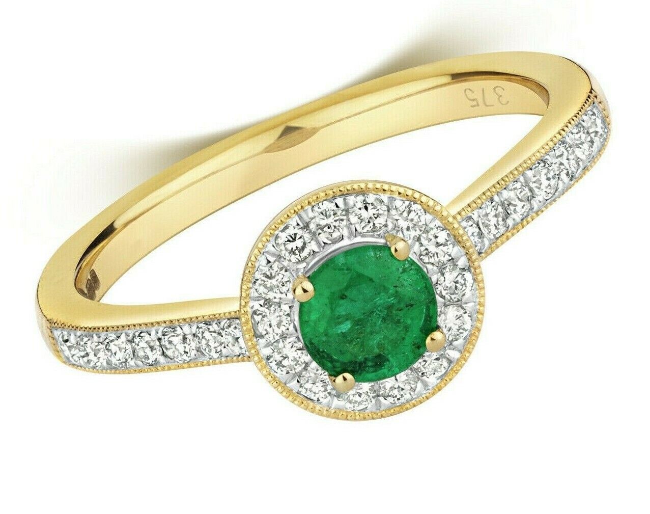 Real Emerald and Diamond Ring 9ct Yellow Gold Round Halo Cluster Engagement