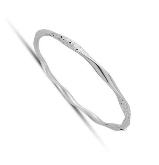 White Gold Twisted Bangle Modern Hinged Hallmarked British Made Ladies Bracelet