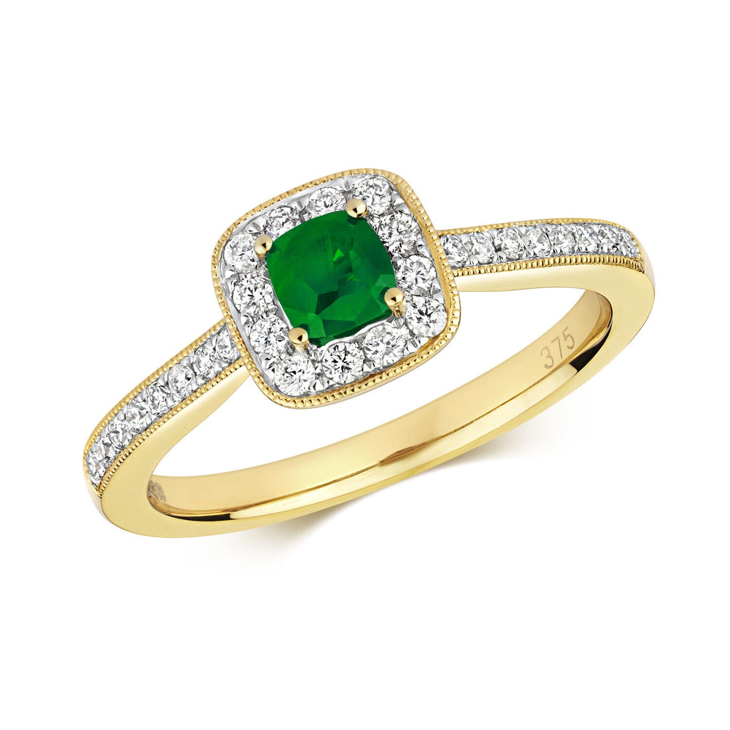 Real Emerald and Diamond Ring 9ct Yellow Gold Cushion Cluster Engagement