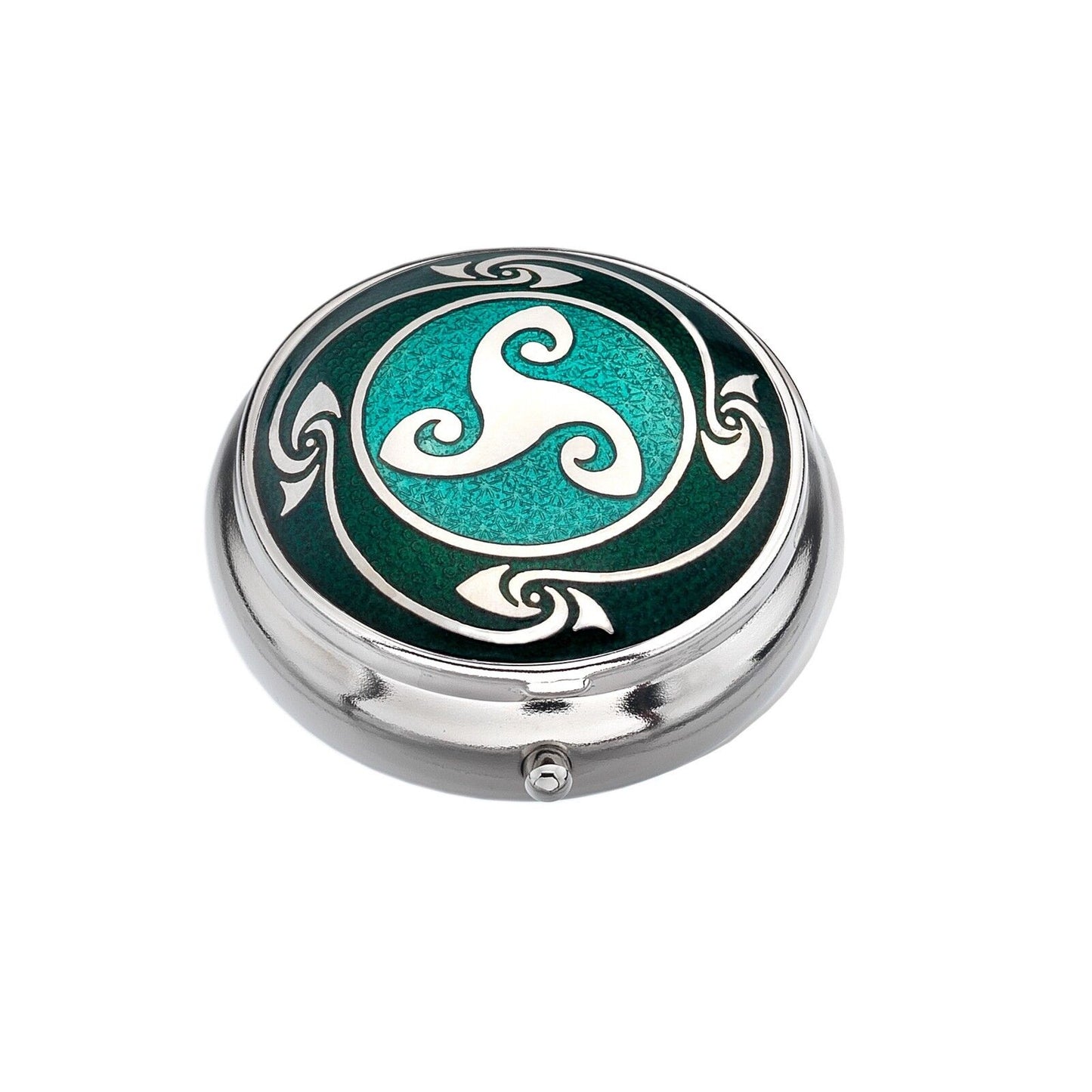 Pillbox Silver Plated Celtic Triskele Design Green Brand New and Boxed
