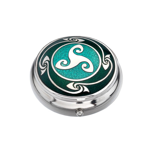 Pillbox Silver Plated Celtic Triskele Design Green Brand New and Boxed