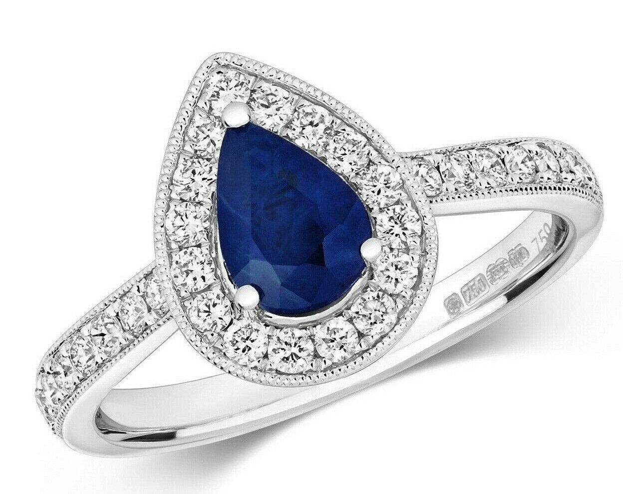 Real Sapphire and Diamond Pear Ring 18ct White Gold Teardrop Cluster