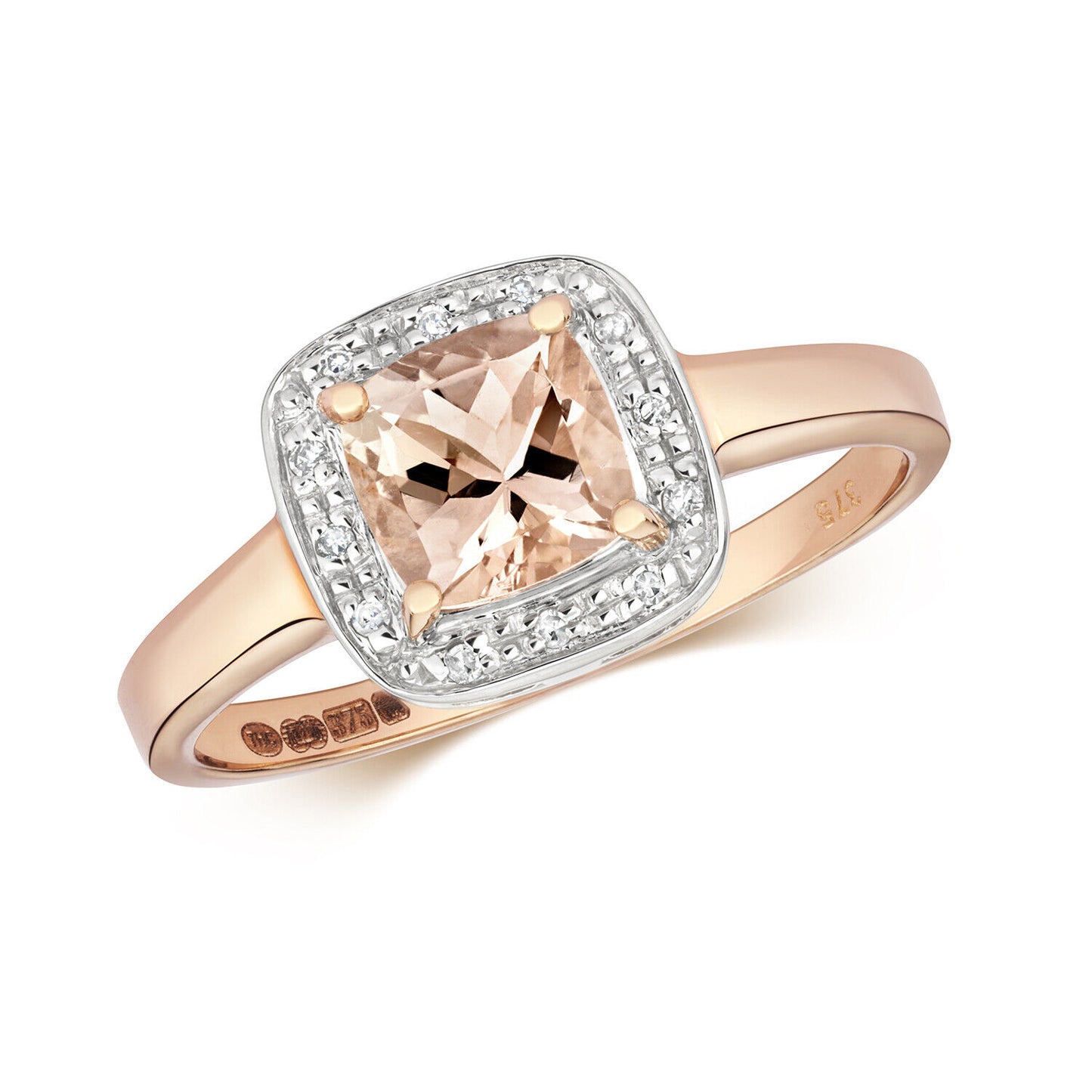 Morganite and Diamond Ring Solid Rose Gold Cushion Halo Cluster Size J - Q