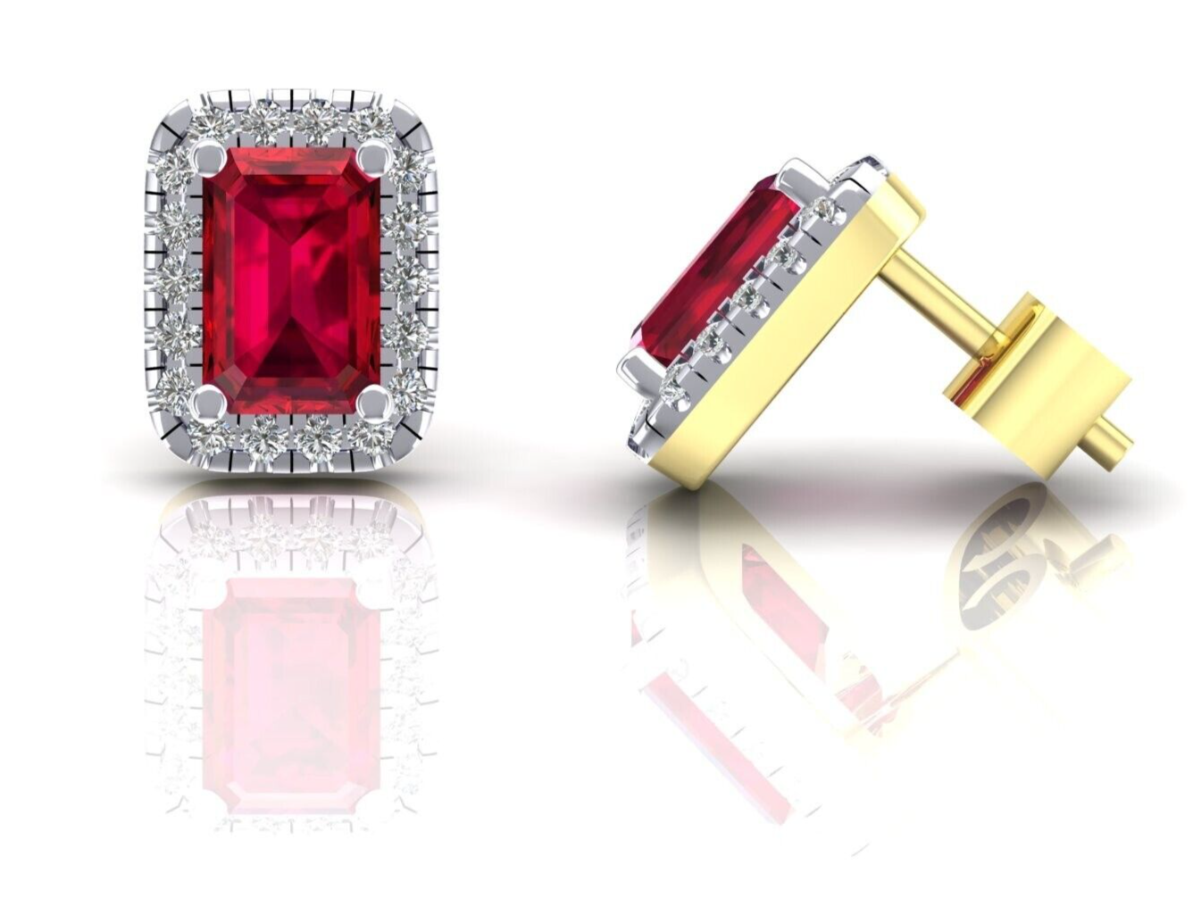 9ct Yellow Gold Ruby Cluster Stud Earrings Emerald Cut Studs Hallmarked
