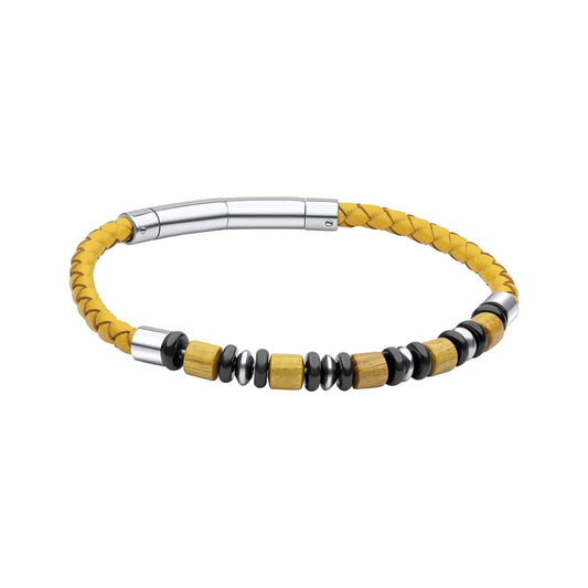 Fred Bennett Mustard Yellow Leather Bracelet with Wood and Black Onyx Beads 23cm