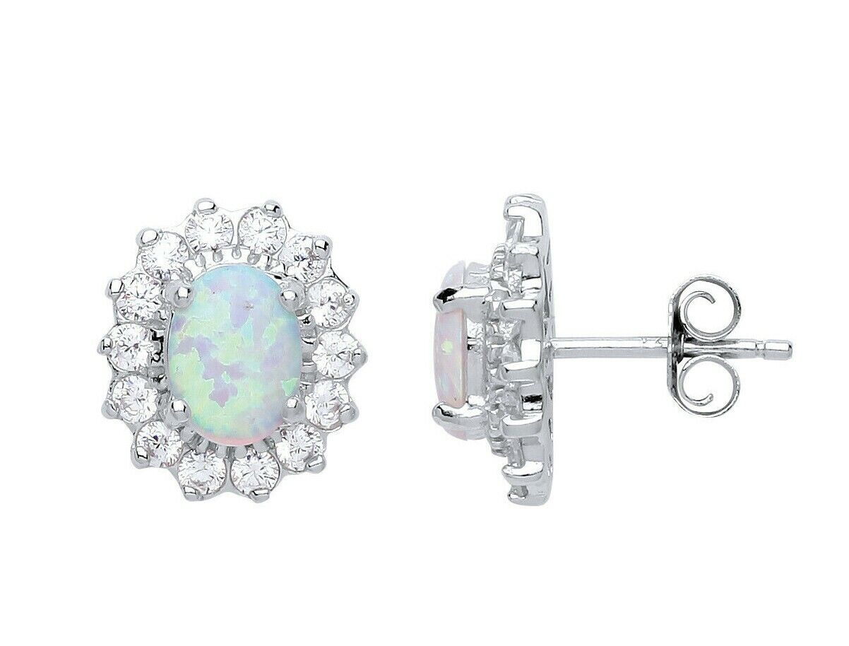 Opal Cluster Stud Earrings Solid Sterling Silver Rhodium Plated 925 Hallmark