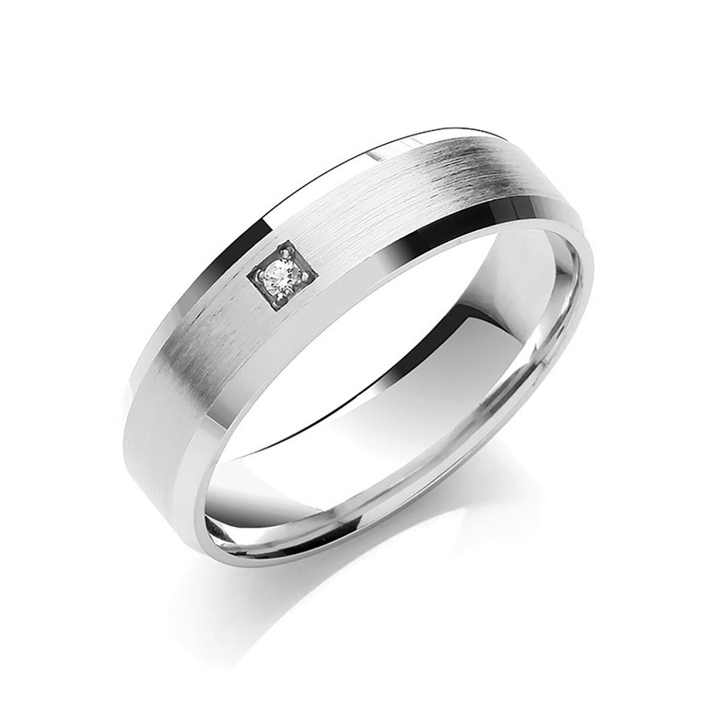 Diamond Set 6mm Wedding Band Flat Court Bevelled Edge Matt Centre 9ct White Gold