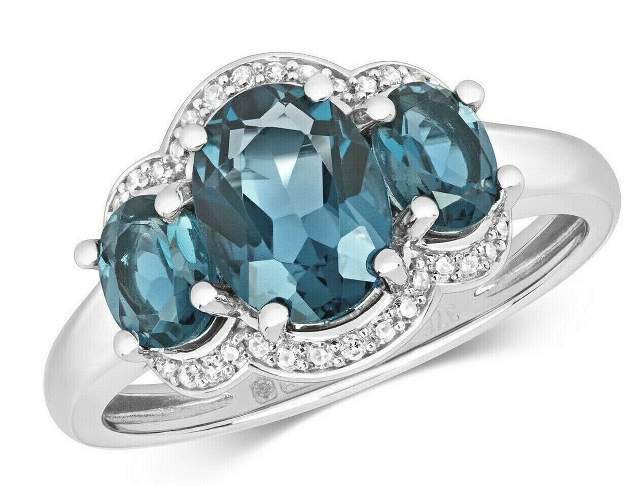 Real London Blue Topaz and Diamond Ring Solid White Gold Three Stone Size J - Q