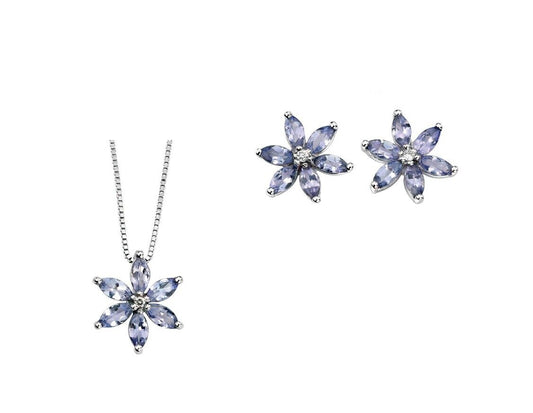 Tanzanite and Diamond Flower Set White Gold Pendant Earrings 16 18 or 20" Chain
