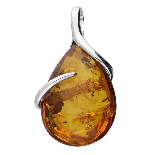 Cognac Amber Teardrop Pendant Wrap Around Tendril With Chain Sterling Silver 925