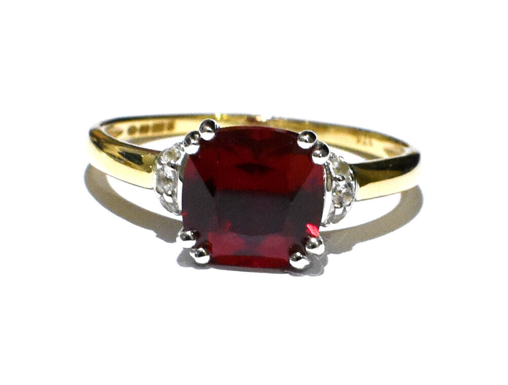 Yellow Gold Ruby Ring Solitaire Cushion White Sapphire Engagement Hallmarked