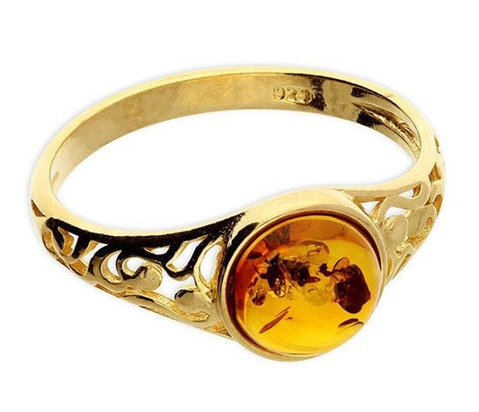 24k Yellow Gold Amber Ring Swirl Cut Out Shoulders on Solid Sterling Silver 925