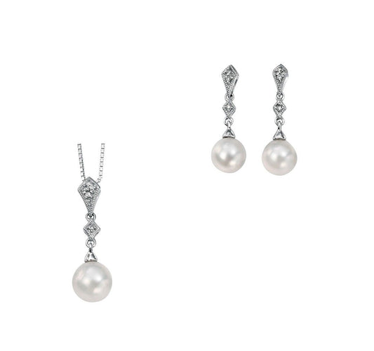 Vintage Freshwater Pearl Diamond Pendant Earrings White Gold 16 18 or 20" Chain