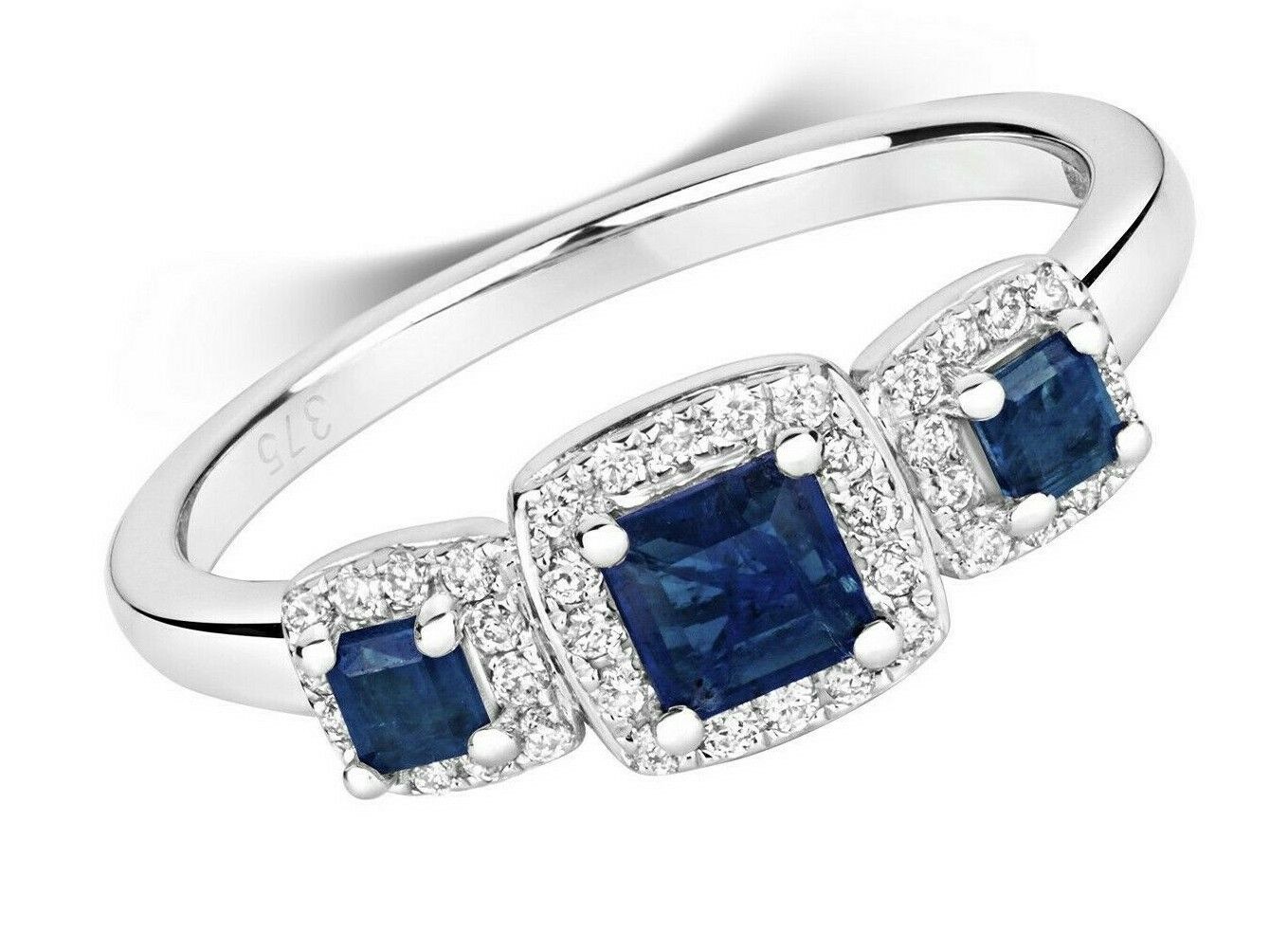 Real Sapphire and Diamond Trilogy Ring 9ct White Gold Three Stone Engagement