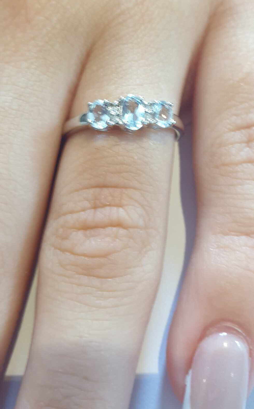 Real Aquamarine and Diamond Ring Solid 9ct White Gold Size J - Q