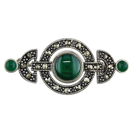 Art Deco Circles Brooch Marcasite and Green Agate 925 Sterling Silver
