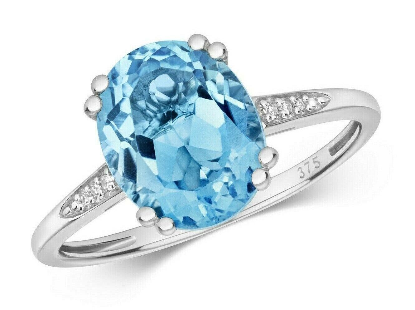 Blue Topaz and Diamond Solitaire Ring Solid White Gold Large Oval 10 x 8mm