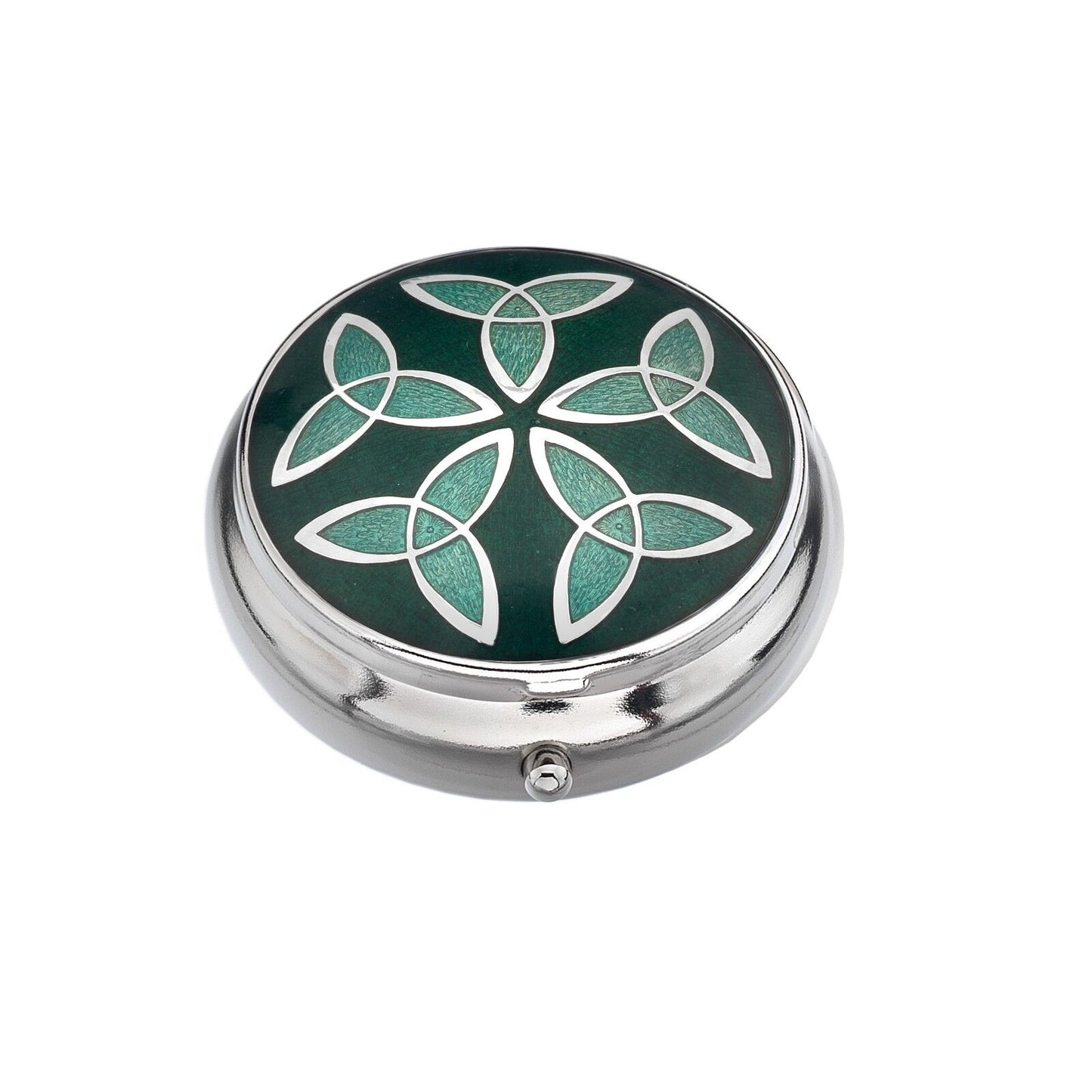 Pillbox Silver Plated Celtic Trinity Knots Green Brand New and Boxed