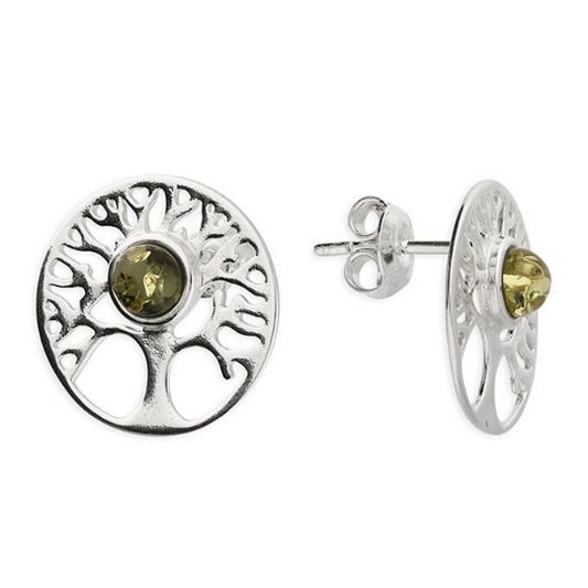 Green Amber Tree of Life Stud Earrings Solid Sterling Silver 925 Hallmark