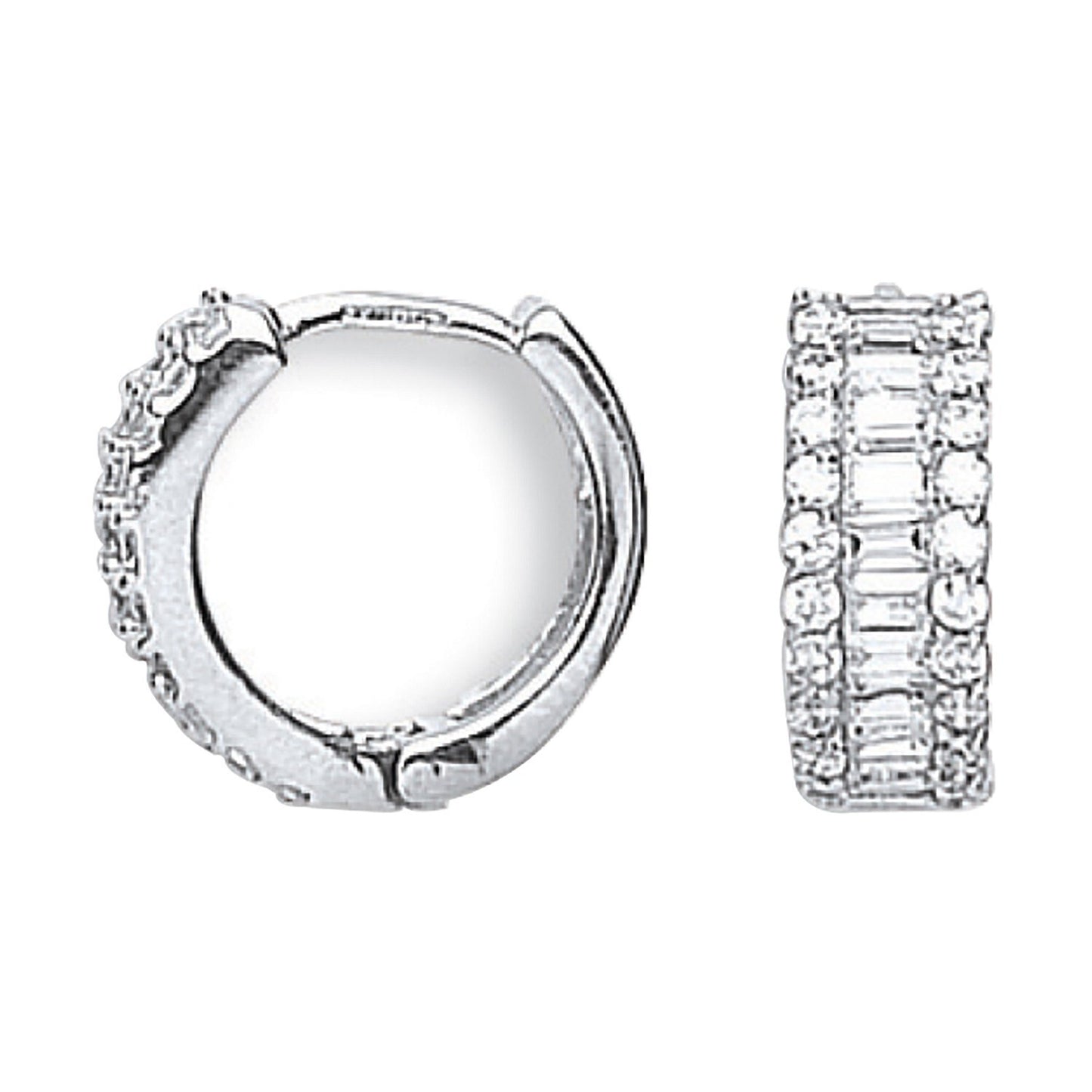White Gold Huggie Hoop Earrings Baguette and Round Zircon 15mm Hinged Hallmark