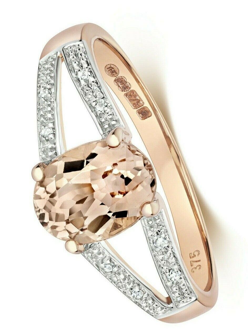 Real Morganite and Diamond Ring Solid Rose Gold Split Shoulder Size J-Q