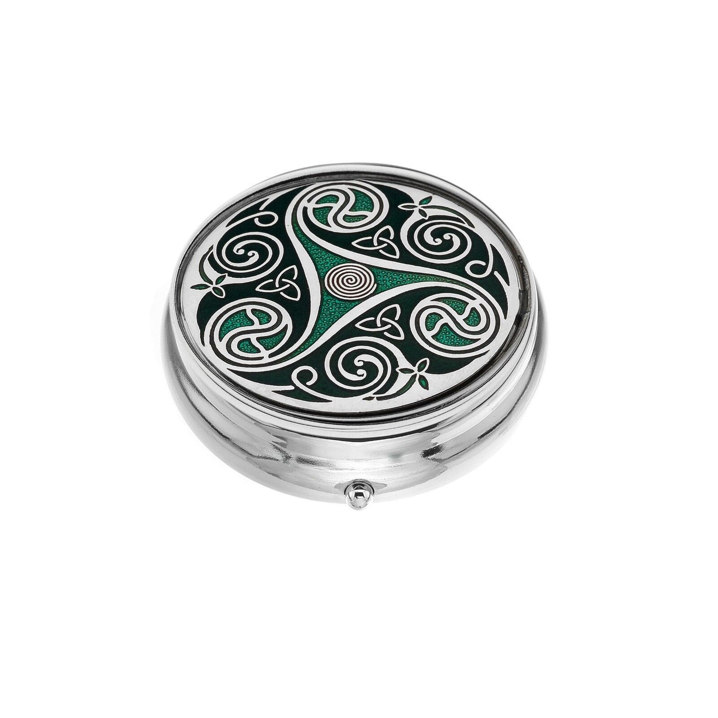 Large Pill Box Silver Plated Celtic Triskele Design Green Brand New & Boxed