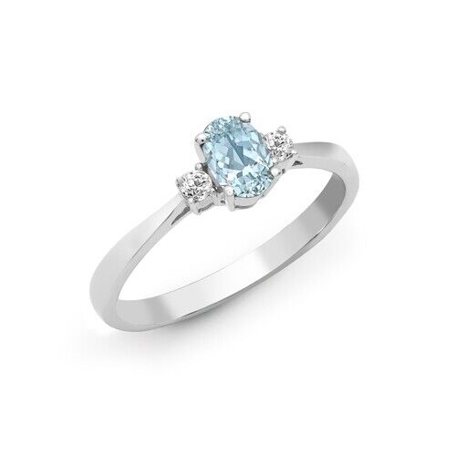 Real Aquamarine and Diamond Ring 18ct White Gold Three Stone Trilogy Engagement