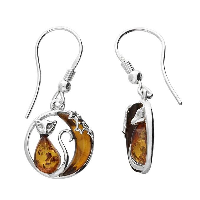 Cognac Amber Cat Moon and Star Pendant and Earrings Solid Sterling Silver 925