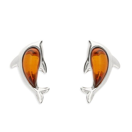 Cognac Amber Dolphin Stud Earrings Solid Sterling Silver 925