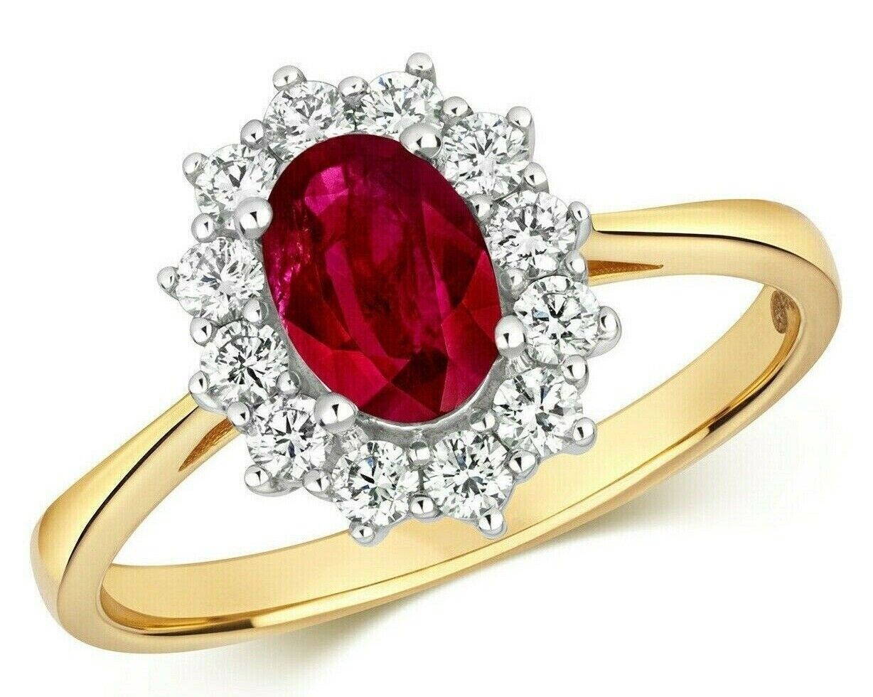 Real Ruby and Diamond Ring 18ct Yellow Gold Oval Cluster 1.45 Carat Weight