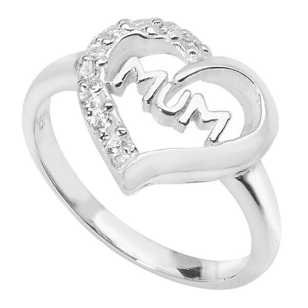Silver Heart Mum Ring 925 Hallmarked Rhodium Finish Size J - R British Made