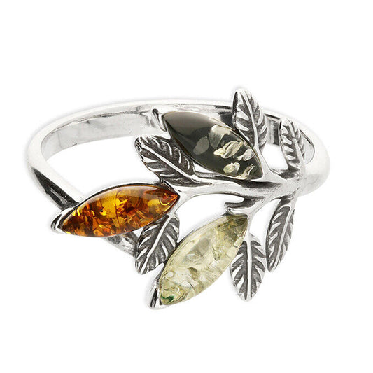 Mixed Amber Leaves Ring Statement Cocktail Solid Sterling Silver 925