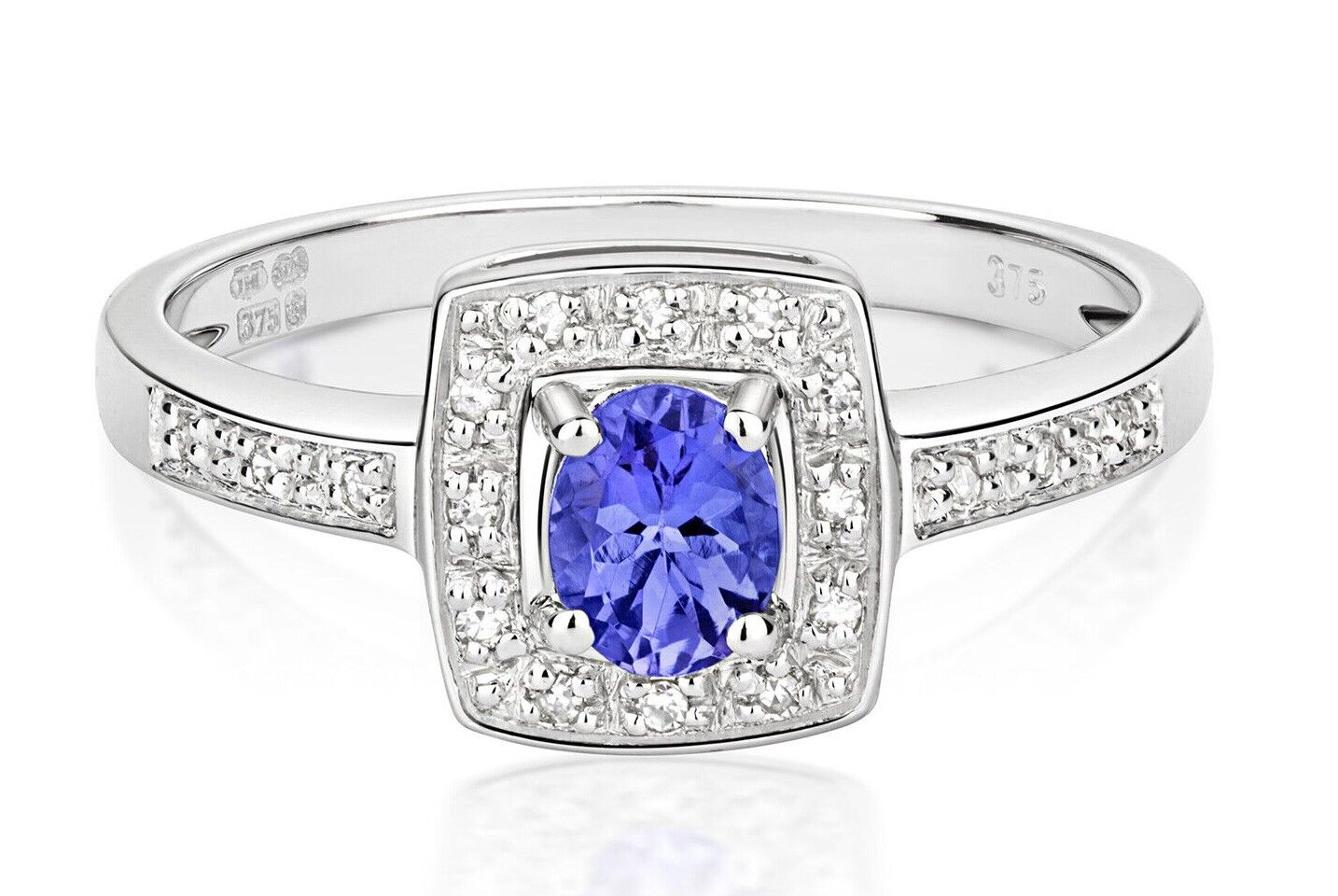 Real Tanzanite and Diamond Ring Solid Yellow Gold Square Cushion Size J-Q