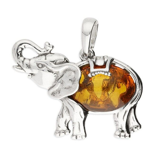 Cognac Amber Elephant Pendant With Chain Solid Sterling Silver 925