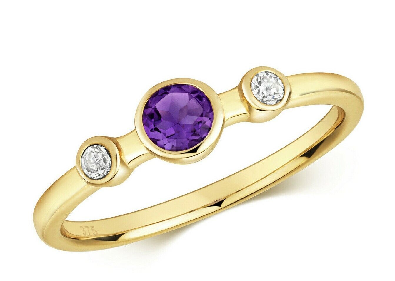 Real Amethyst and Diamond Ring Solid Yellow Gold Three Stone Trilogy Size J - Q
