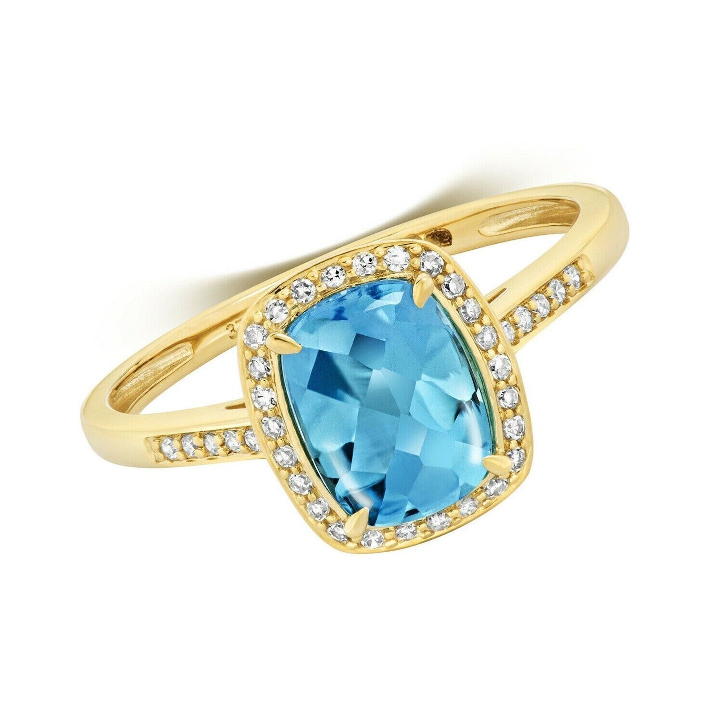 9ct Yellow Gold Swiss Blue Topaz and Diamond Ring Cushion Cluster Size JKLMNOPQ