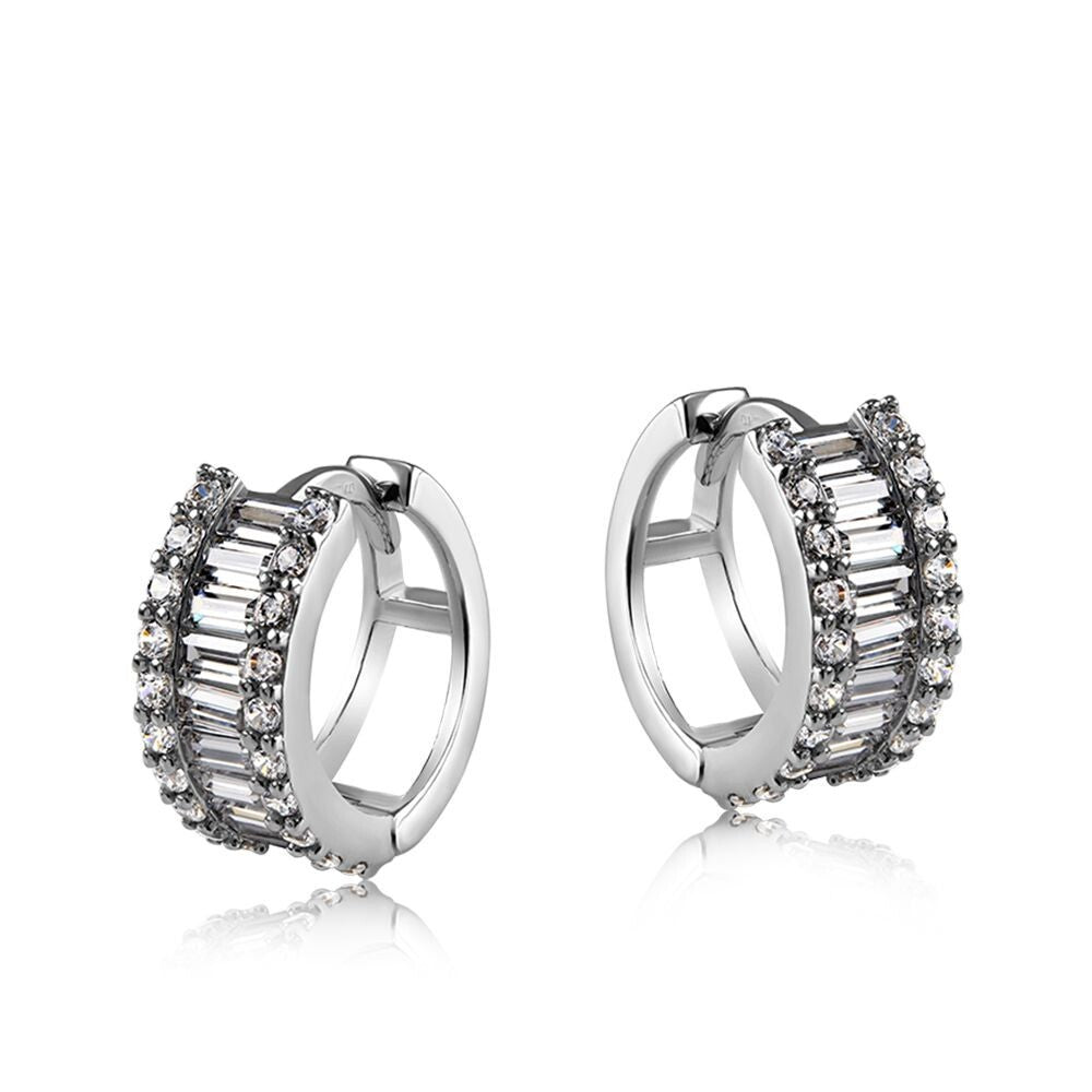 White Gold Huggie Hoop Earrings Baguette and Round Zircon 15mm Hinged Hallmark