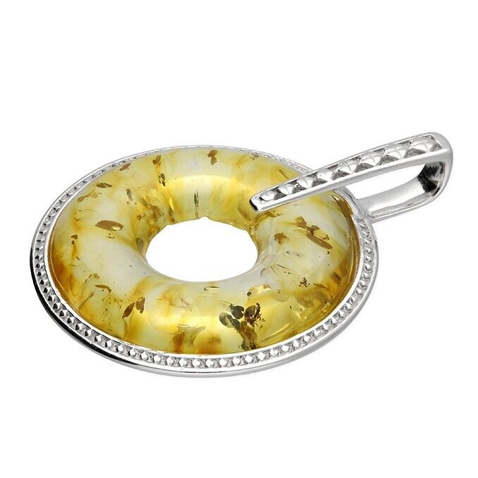 Lemon Baltic Amber Circle Pendant Gemstone Set 925 Sterling Silver