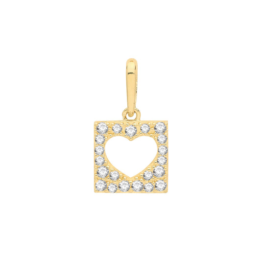 Open Heart Square Pendant Yellow Gold 18mm x 10mm British Made