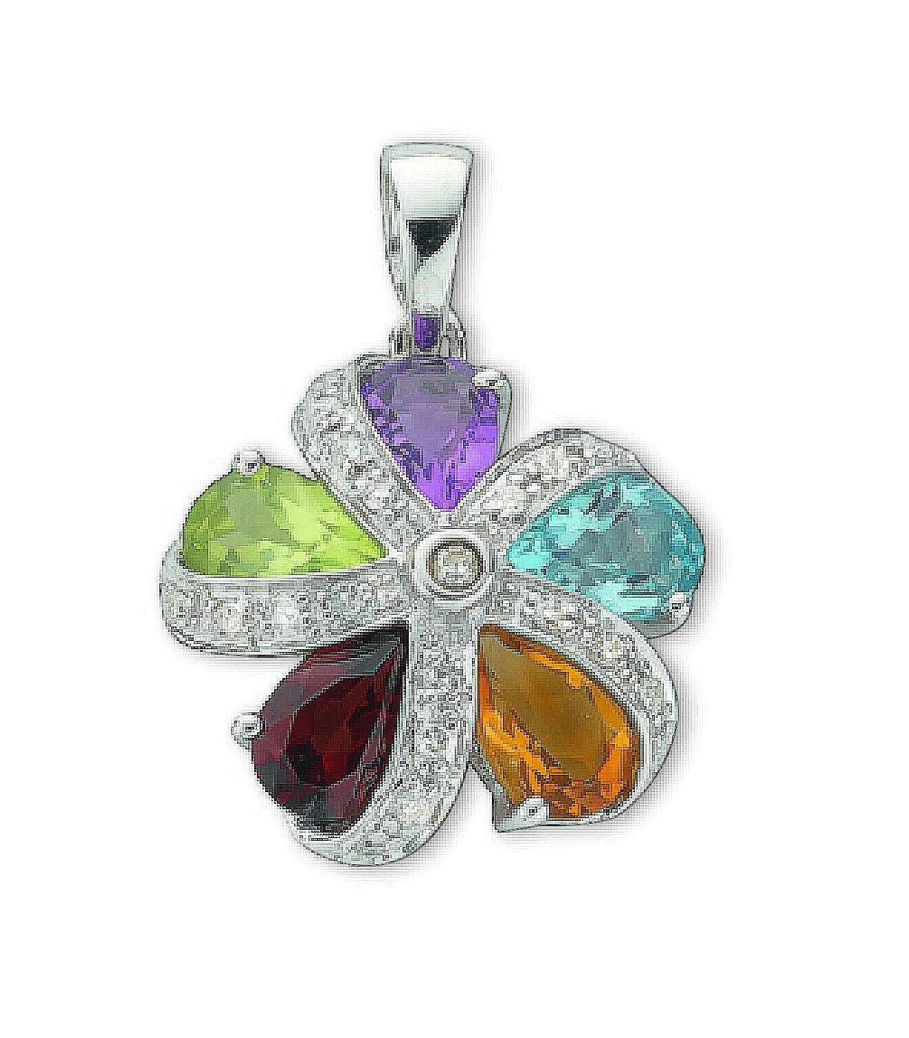 9ct White Gold Multi Gem and Diamond Flower Pendant