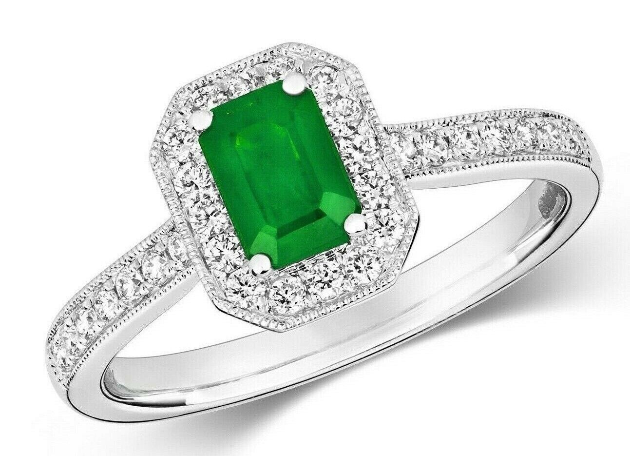Real Emerald and Diamond Ring 9ct White Gold Octagon Cluster Size J-Q