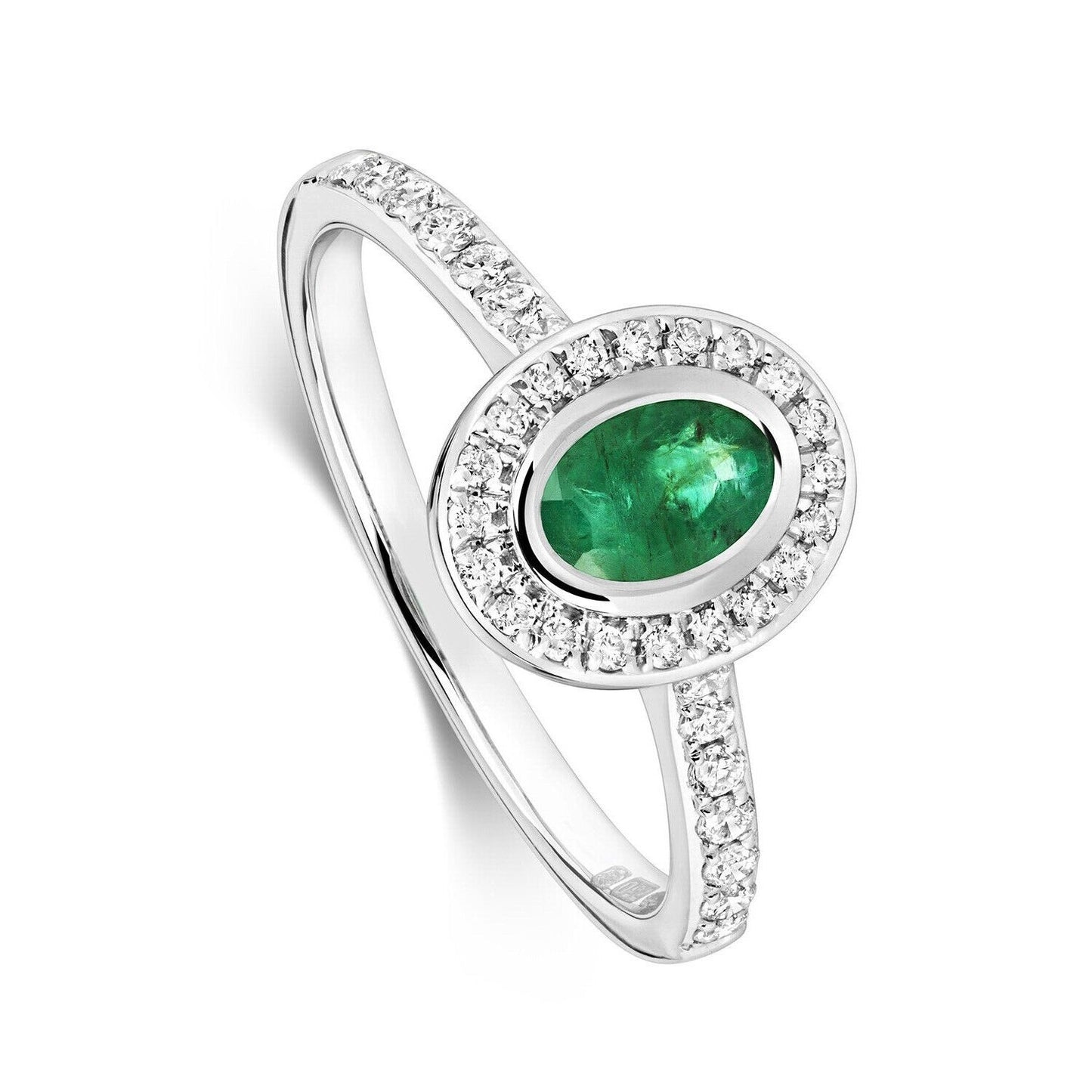 Real Emerald and Diamond Ring 9ct White Gold Oval Halo Cluster Engagement