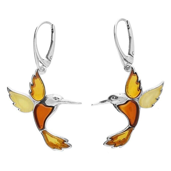 Mixed Amber Hummingbird Drop Earrings Solid Sterling Silver 925