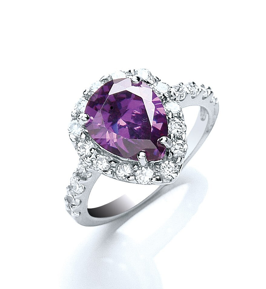 Silver Amethyst Pear Zircon Cluster Ring Sizes J-Q British Made 925 Hallmark