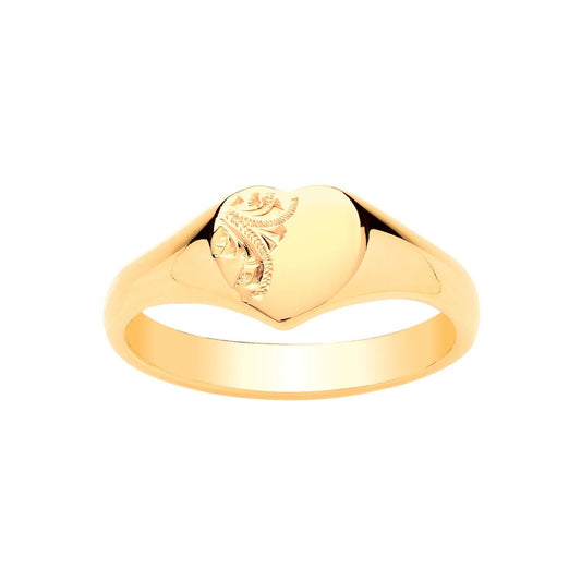 Ladies Solid 9ct Gold Engraved Heart Signet Ring Fully Hallmarked