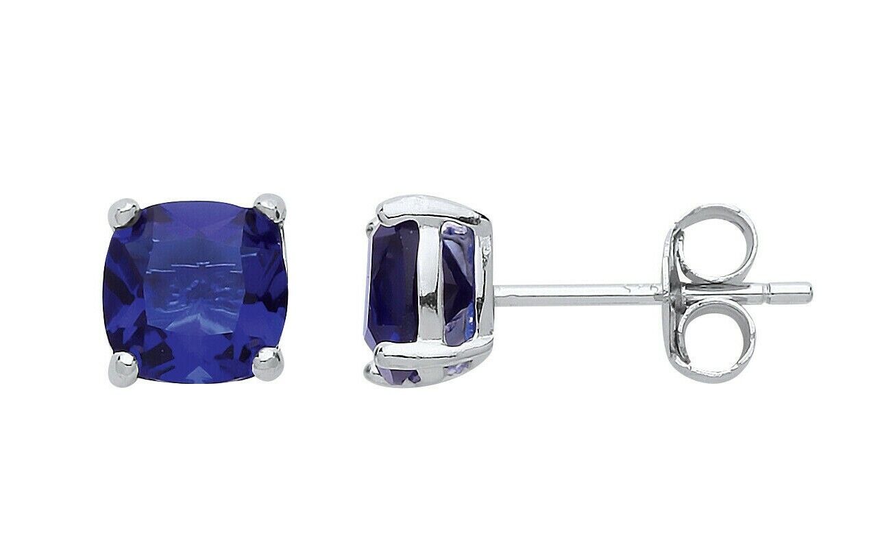 Sapphire Cushion Stud Earrings Sterling Silver Rhodium Plated 925 Hallmark 6mm
