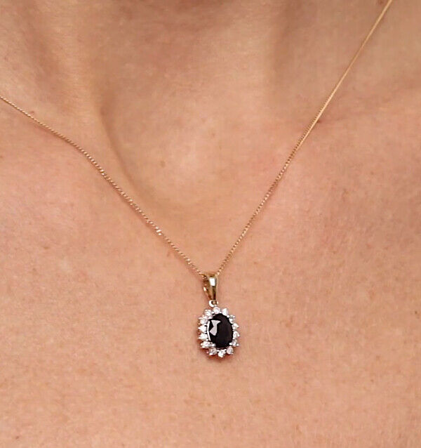 Sapphire and Diamond Oval Cluster Pendant Solid 9ct Yellow Gold Real Stones