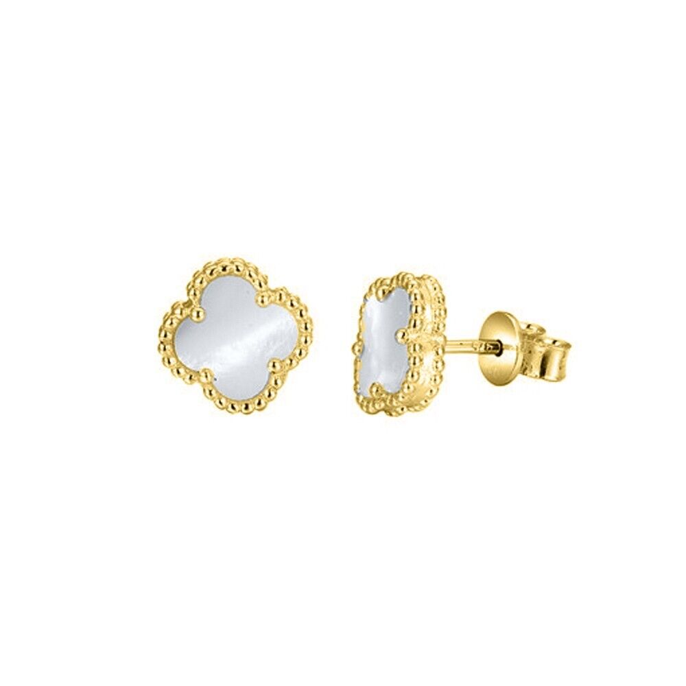 Sterling Silver Clover Earrings Mother of Pearl Studs 14ct Yellow Gold Finish